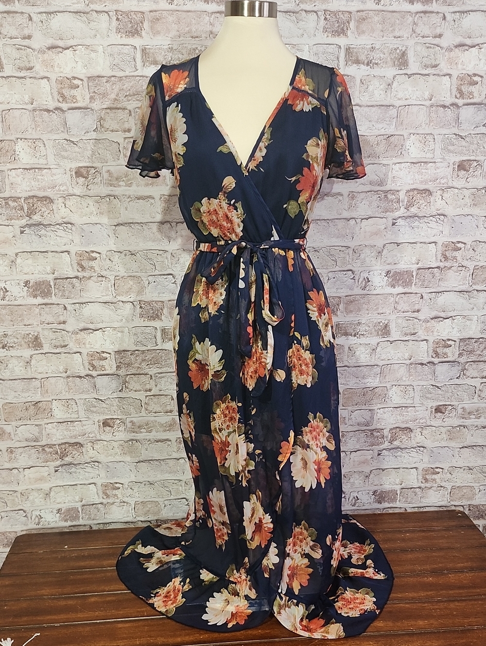Band of Gypsies Navy Floral Midi Wrap Dress with Tie